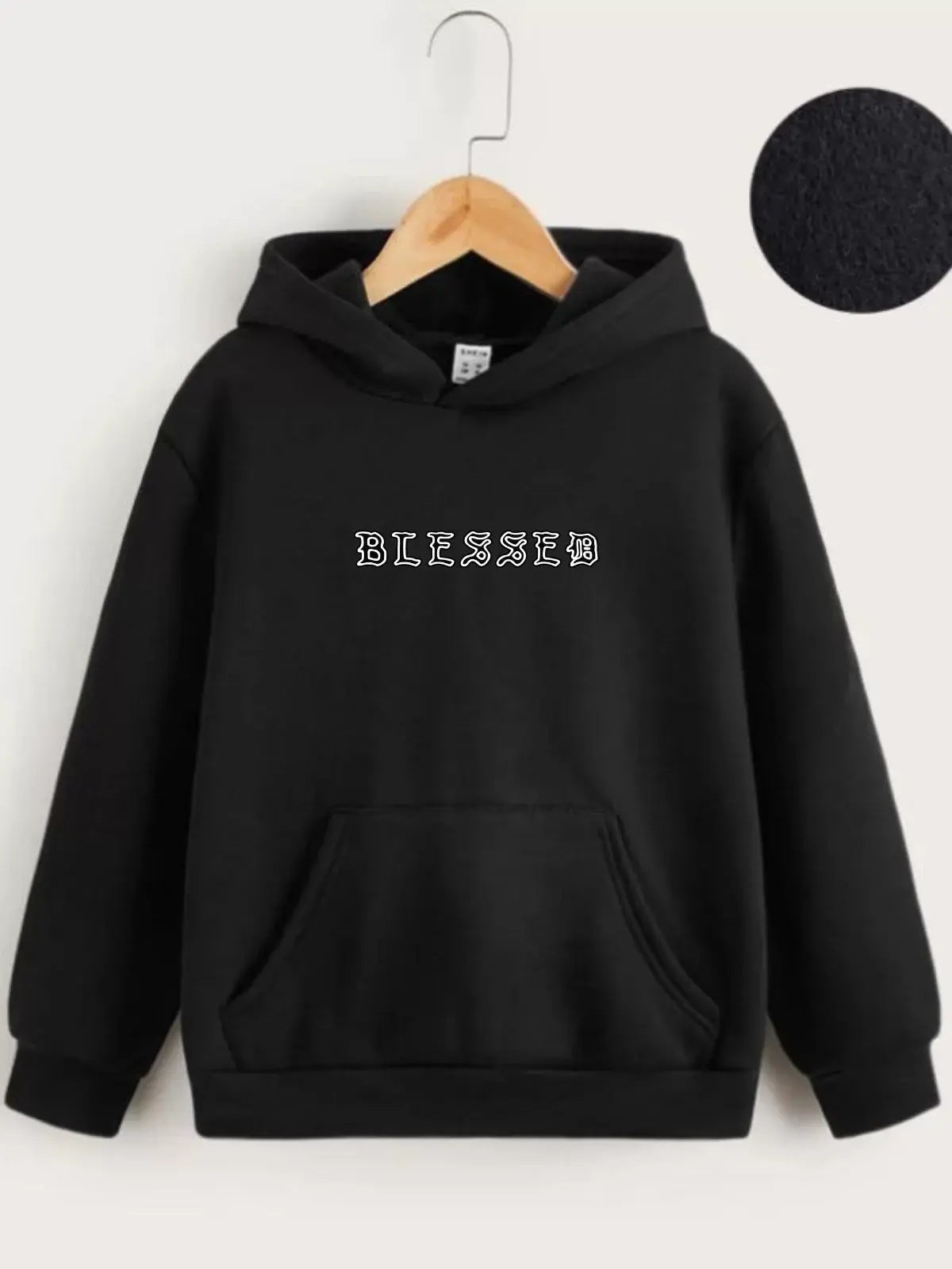 Çocuk Unisex Kapüşonlu Ön ve Arka Blessed Baskılı Sweatshirt - Siyah