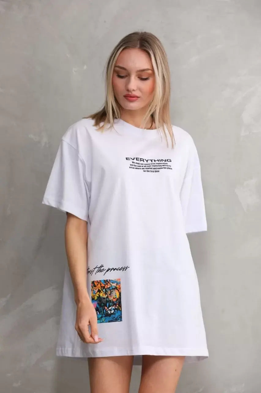 Unisex Bisiklet Yaka Baskılı Oversize T-Shirt - Beyaz