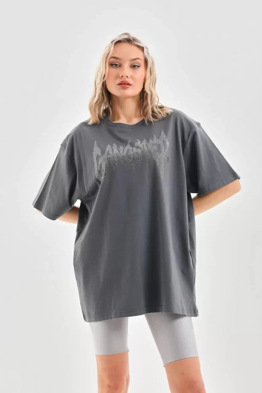 Unisex Taş Desenli Oversize T-Shirt - Füme