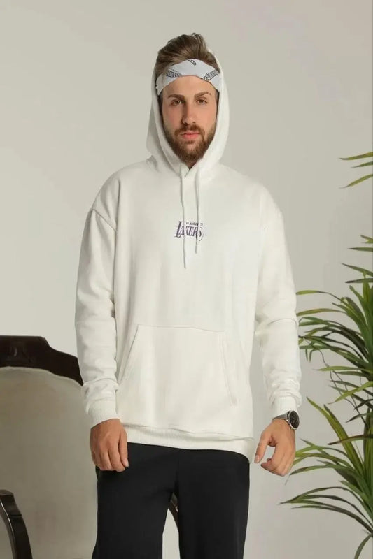 Erkek 24 Sırt Baskılı Ovresize Üç İplik Kapüşonlu Sweatshirt - Beyaz