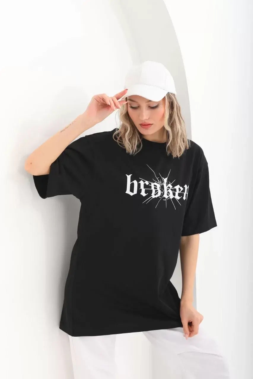 Unisex Baskılı Oversize T-Shirt - Siyah