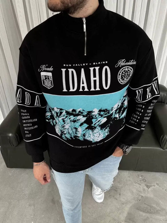 Erkek Yarım Fermuarlı Oversize Baskılı SweatShirt - Siyah