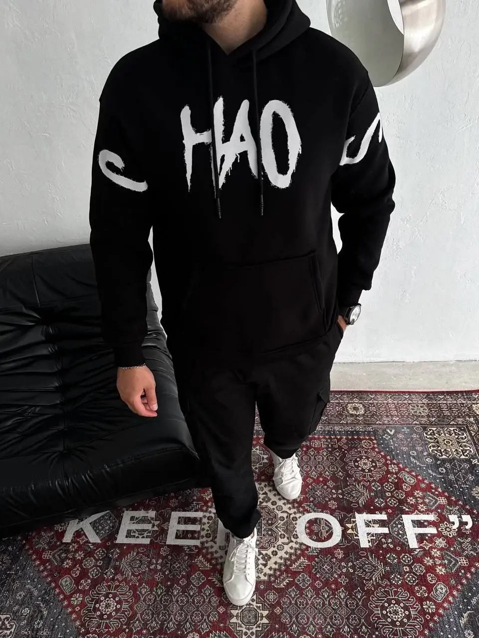 Oversize Kapşonlu Baskılı SweatShirt - Siyah