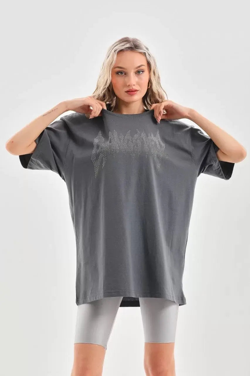 Unisex Taş Desenli Oversize T-Shirt - Füme