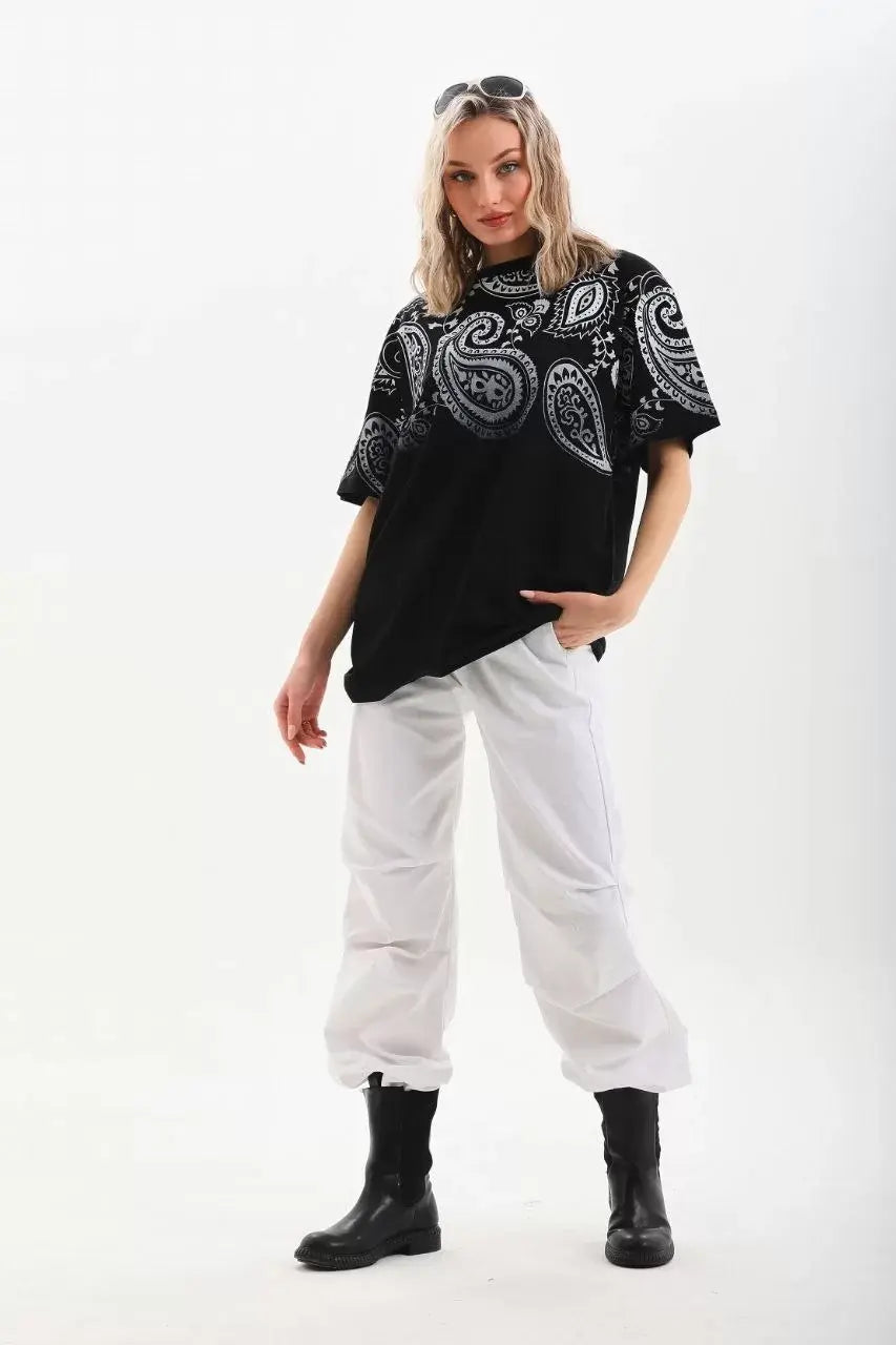 Unisex Baskılı Oversize T-Shirt - Siyah