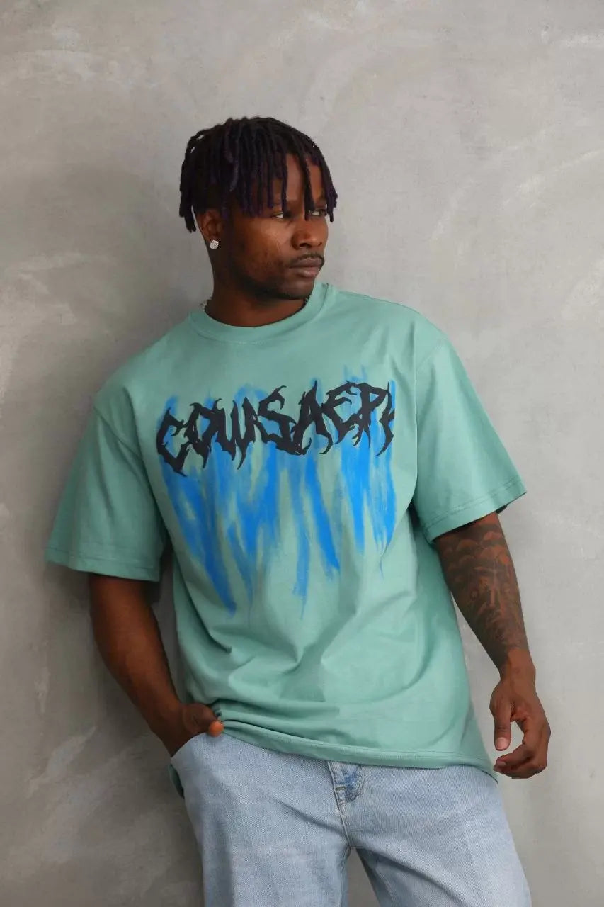 Unisex Baskılı Oversize T-Shirt - Mint Yeşili