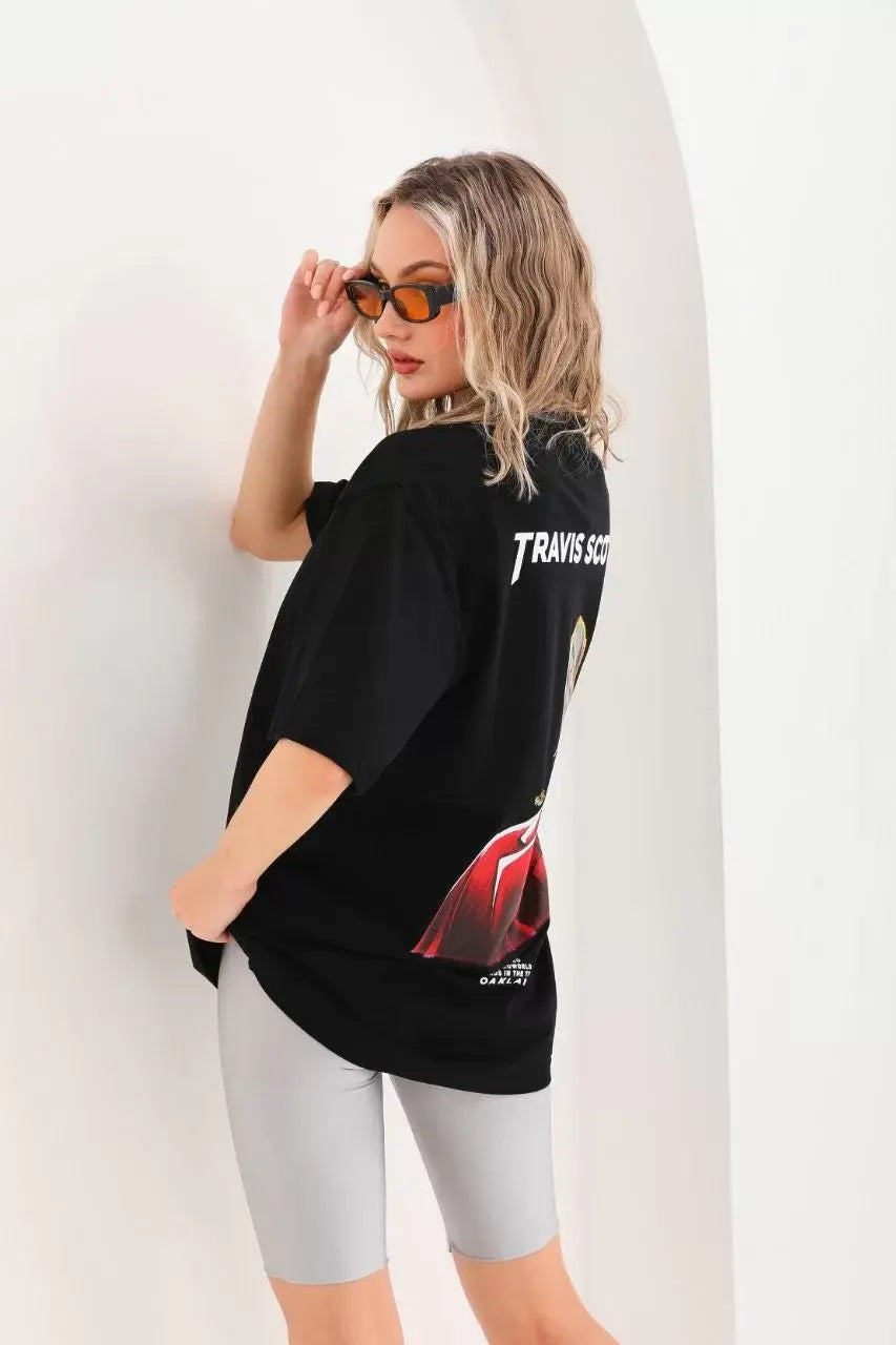 Unisex Baskılı Oversize T-Shirt - Siyah