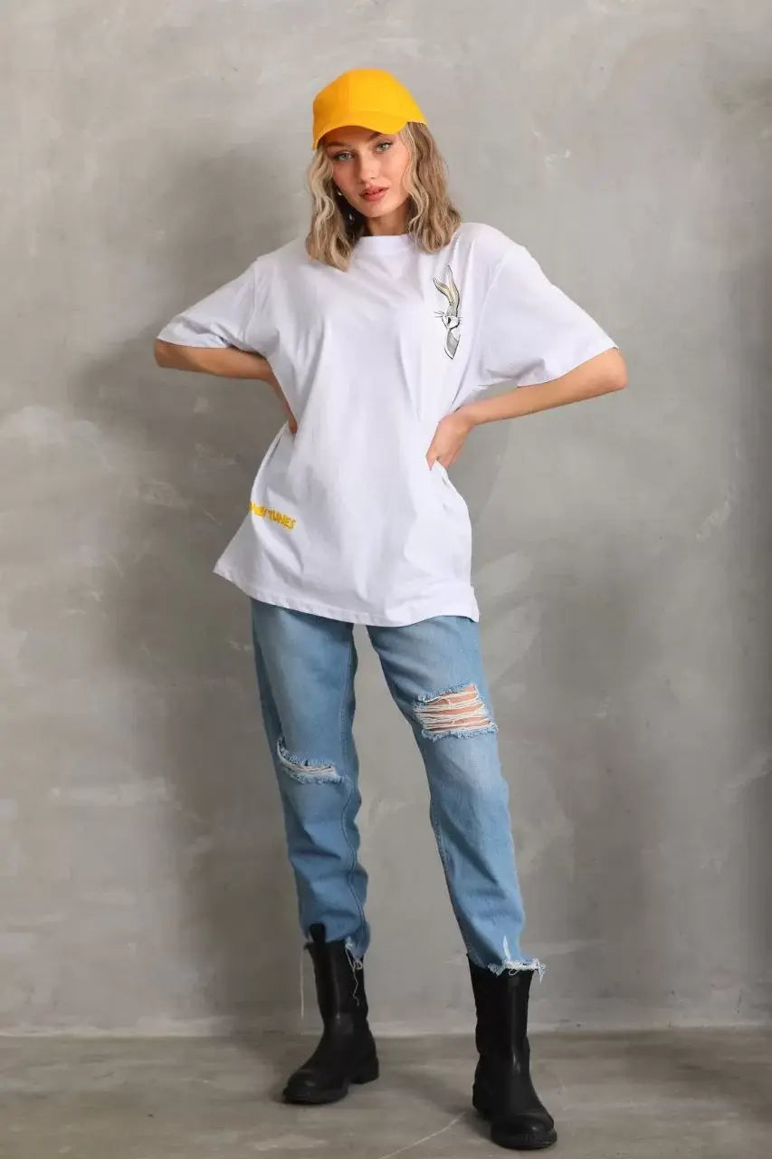 Unisex Baskılı Oversize T-Shirt - Beyaz