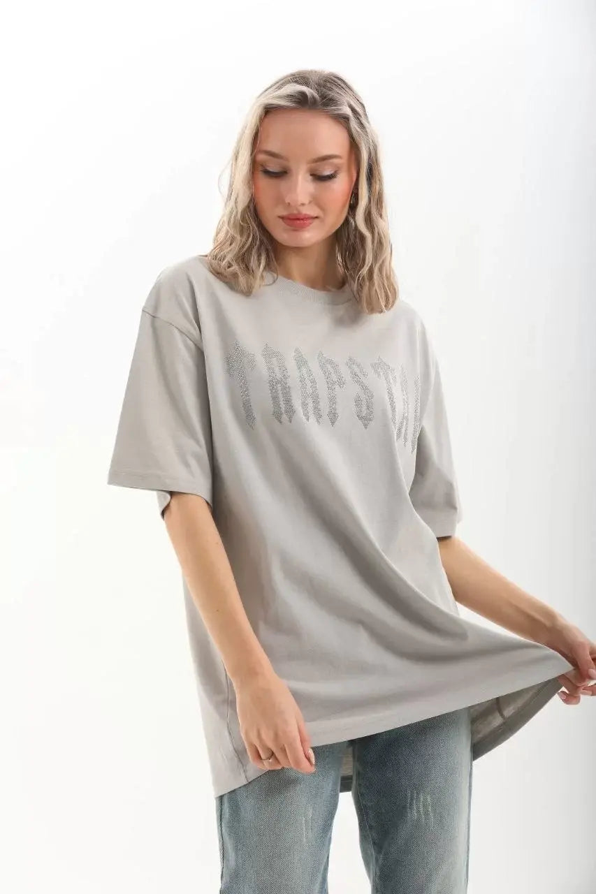 Unisex Taş Desenli Oversize T-Shirt - Gri