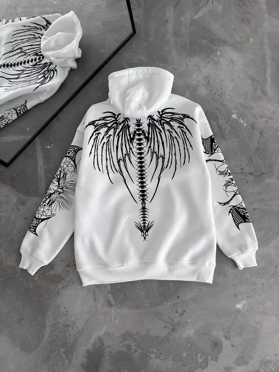 Üç İplik Kapşonlu Baskılı Oversize SweatShirt- Beyaz