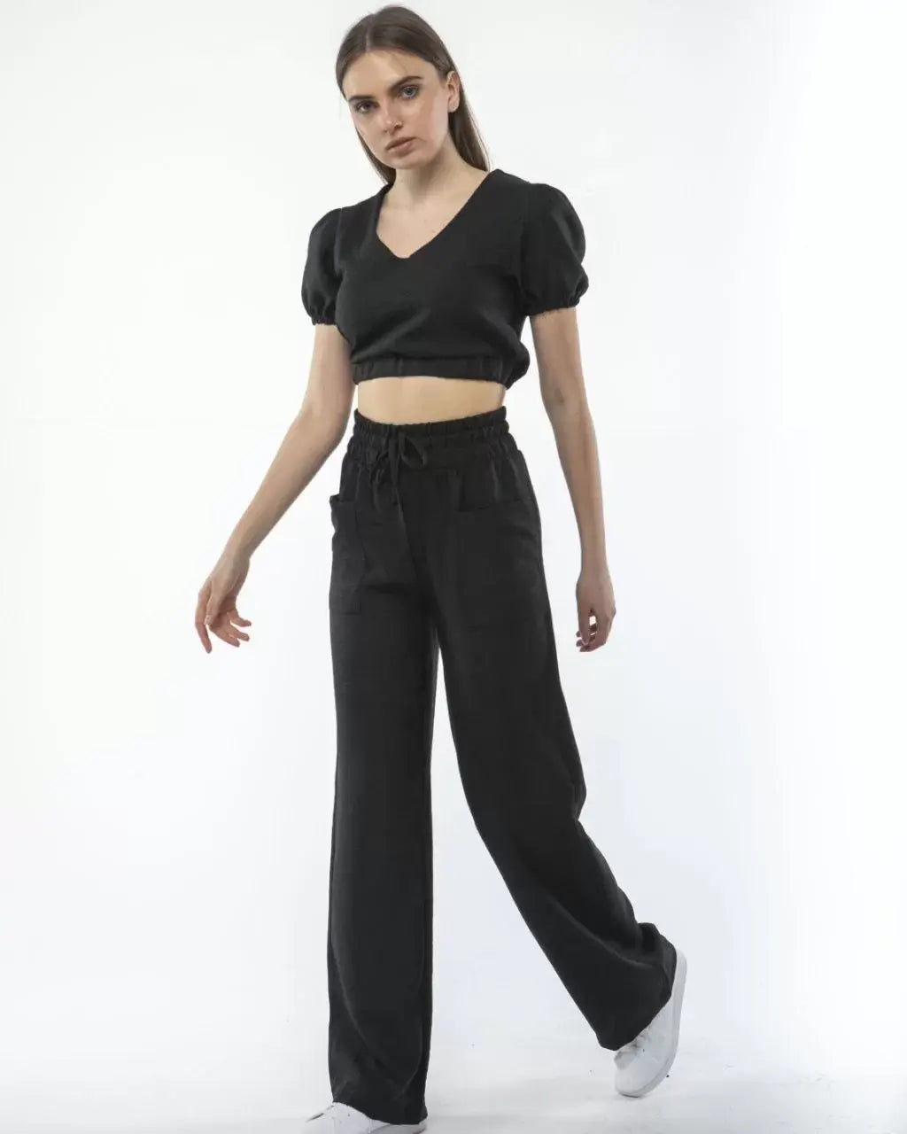 Kadin Keten Pantalon ve Crop Takım - Siyah