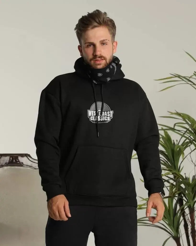 Erkek Sırt Baskılı Kapüşonlu Üç İplik Oversize Sweatshirt - Siyah