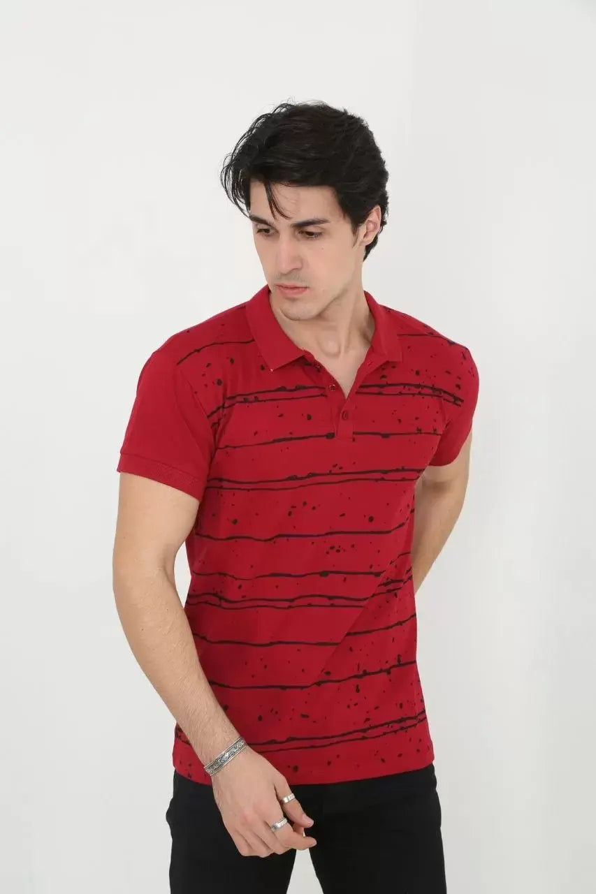 Erkek Yakalı Slim Fit Pike Çizgili T-Shirt - Kırmızı