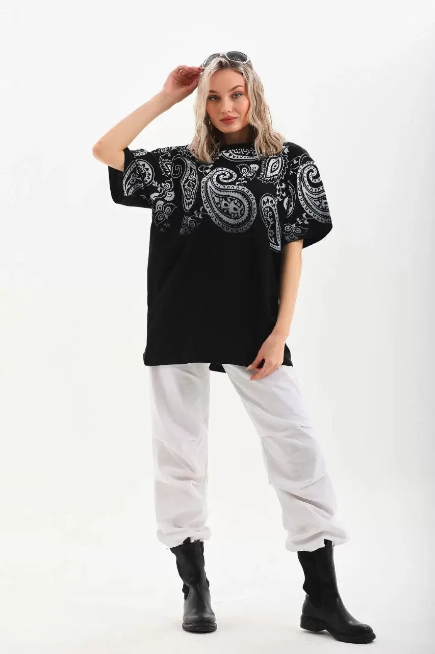 Unisex Baskılı Oversize T-Shirt - Siyah