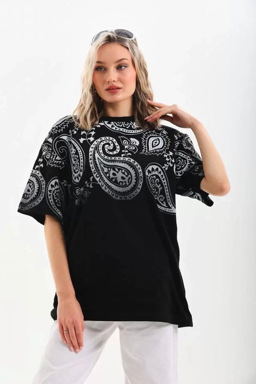 Unisex Baskılı Oversize T-Shirt - Siyah