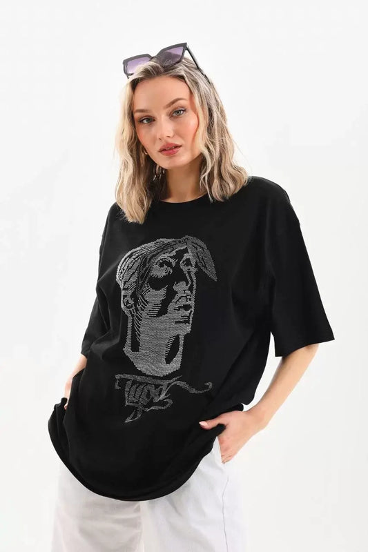 Unisex Taş Desenli Oversize T-Shirt - Siyah