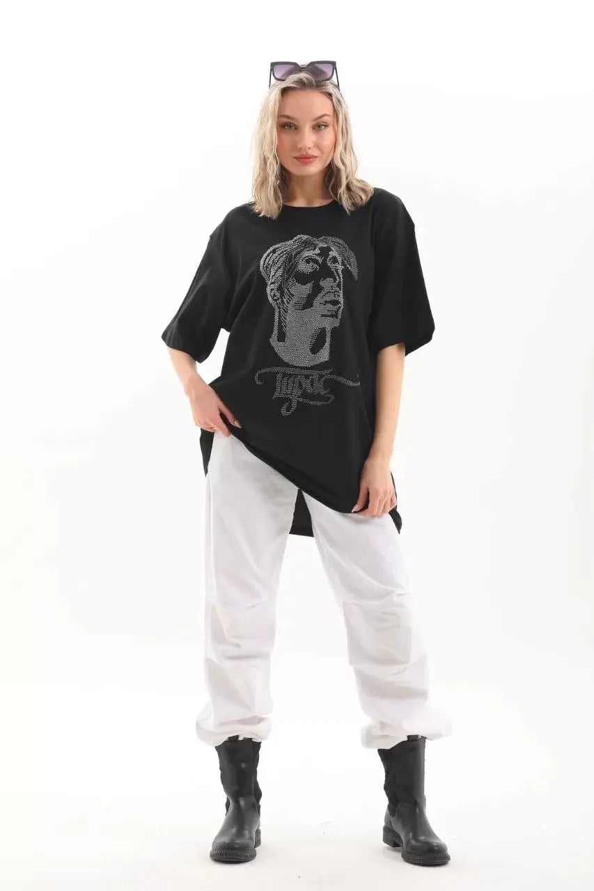 Unisex Taş Desenli Oversize T-Shirt - Siyah