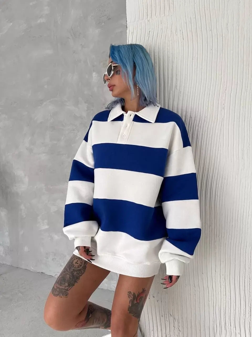 Unisex Üç İplik Parçalı Yakalı SweatShirt - Mavi