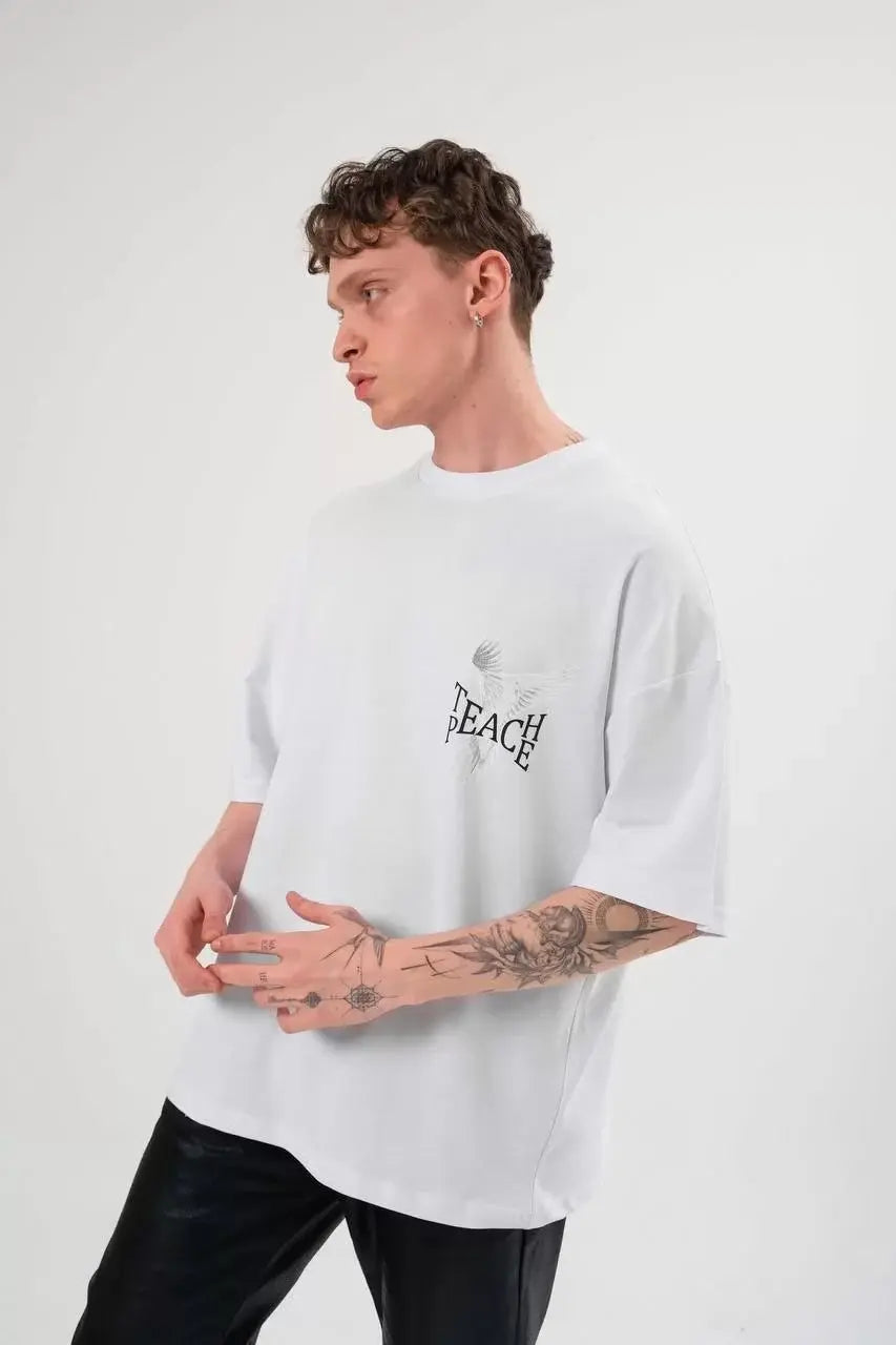 Unisex Bisiklet Yaka Baskılı Oversize T-Shirt - Beyaz