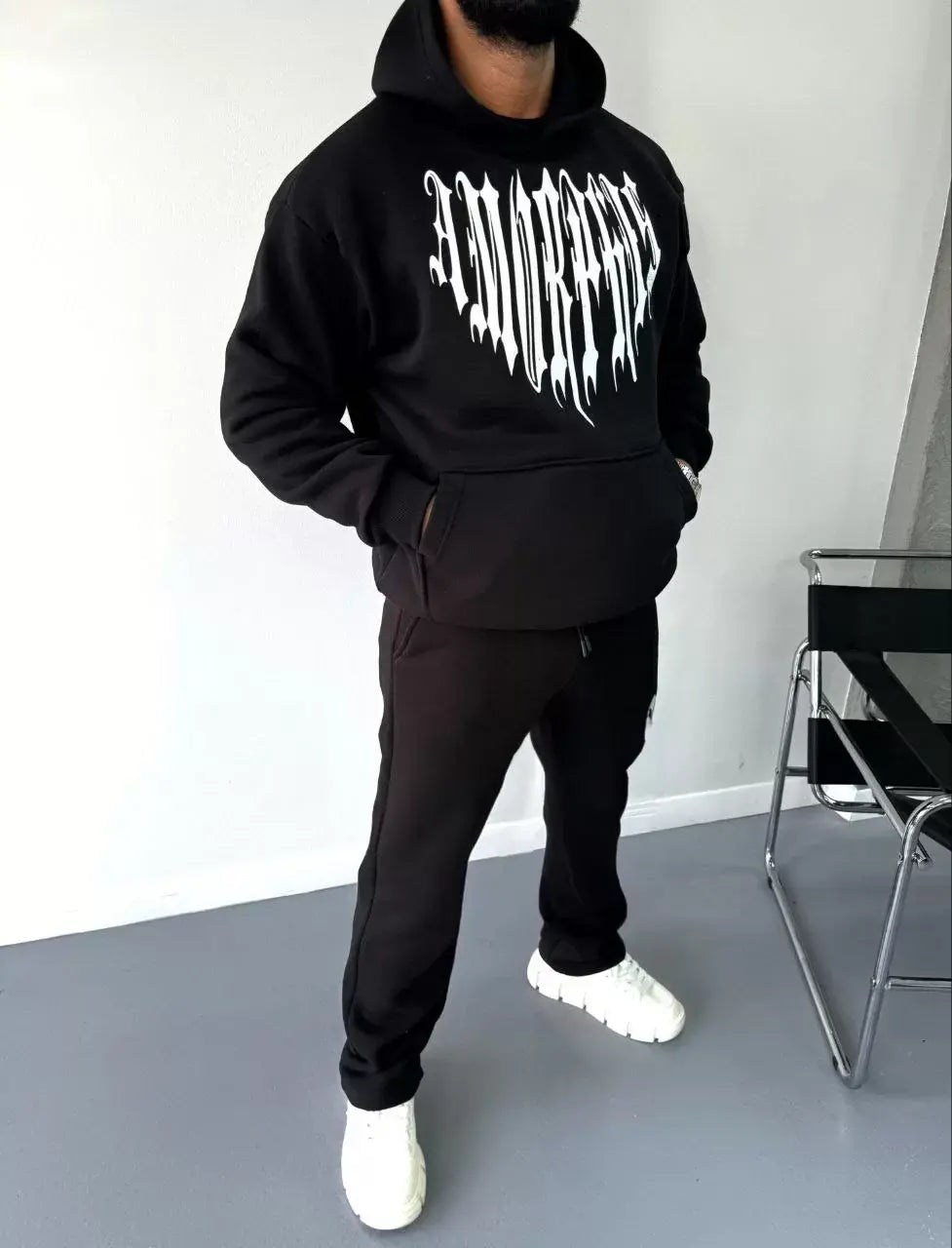 Uzun Kol Kapşonlu Baskılı SweatShirt - Siyah