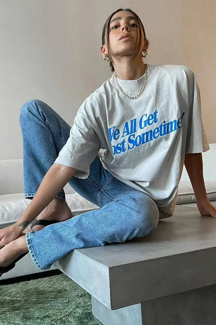 Unisex Baskılı Oversize T-Shirt - Beyaz