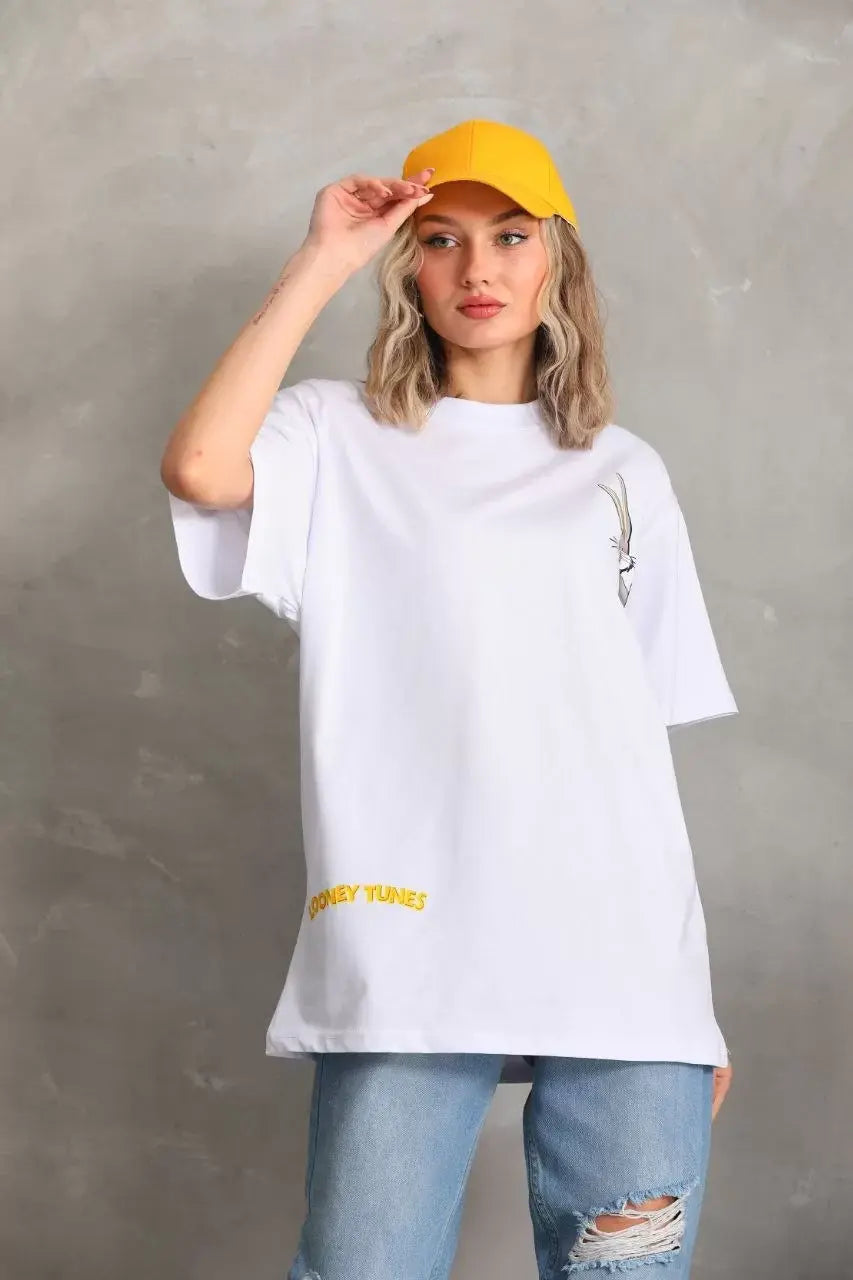 Unisex Baskılı Oversize T-Shirt - Beyaz