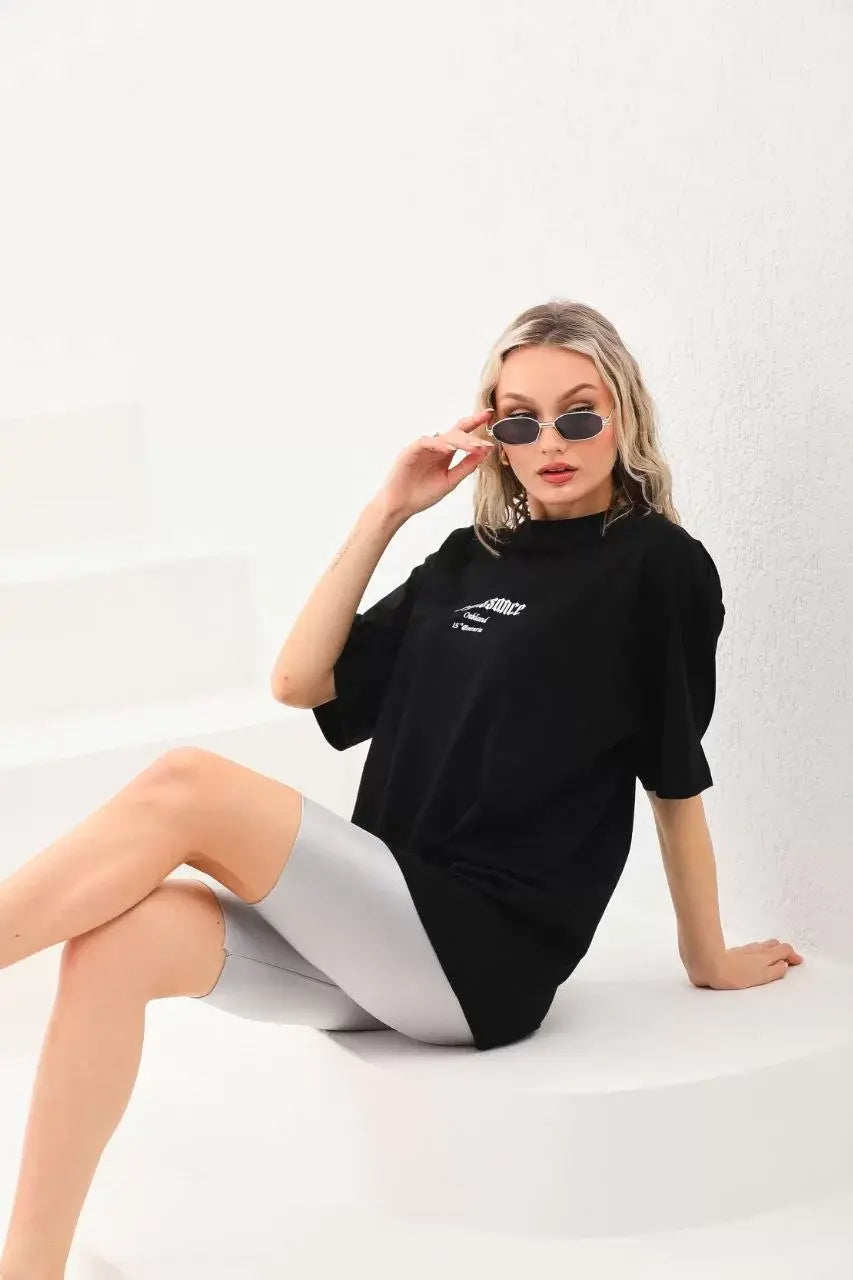 Unisex Baskılı Oversize T-Shirt - Siyah