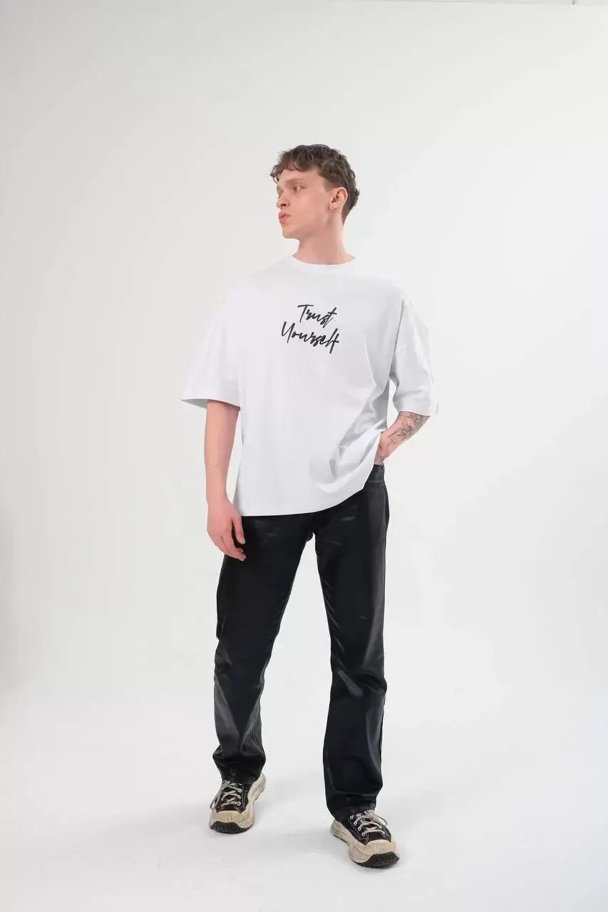 Unisex Bisiklet Yaka Baskılı Oversize T-Shirt - Beyaz