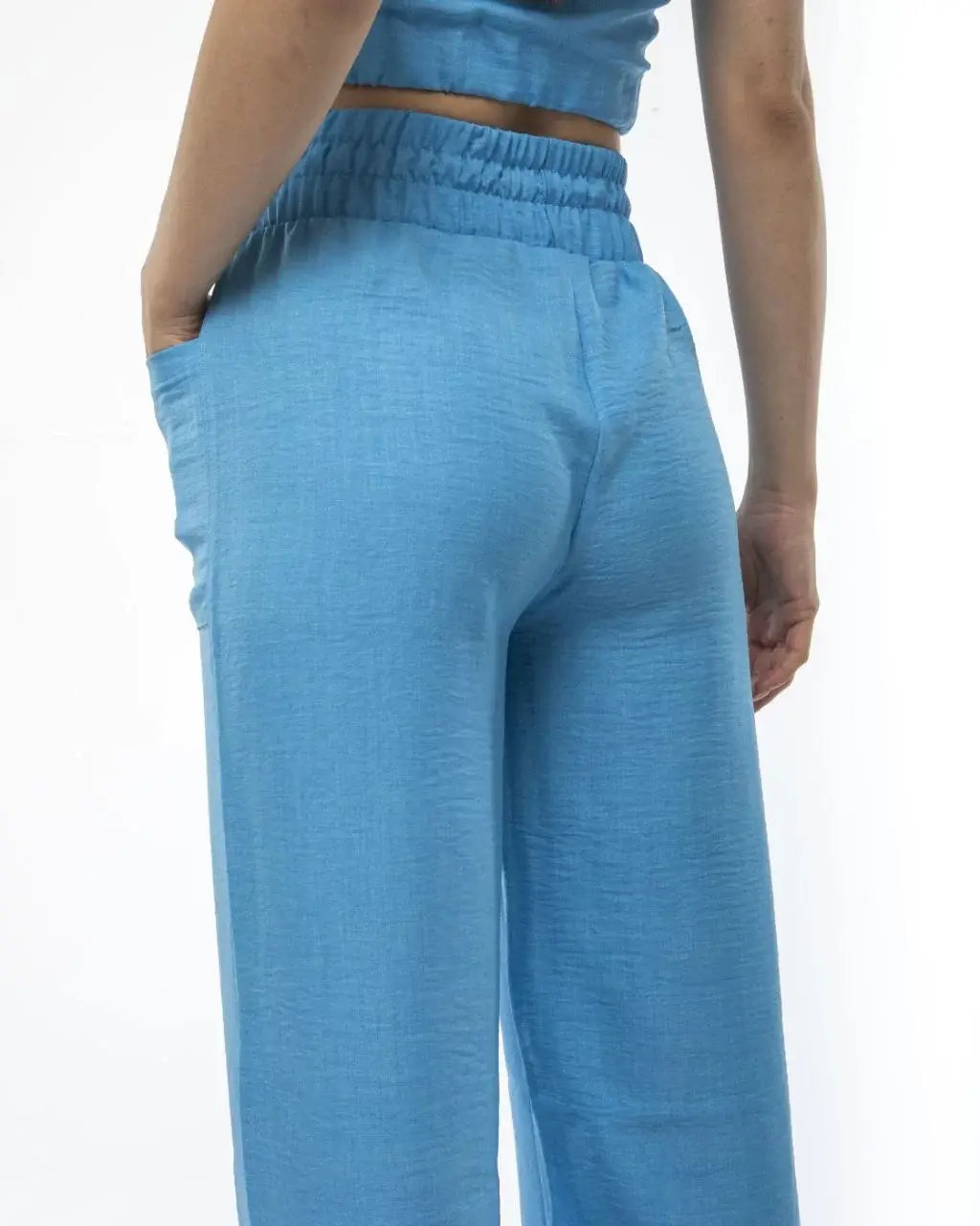 Kadin Keten Pantalon ve Crop Takım - Mavi