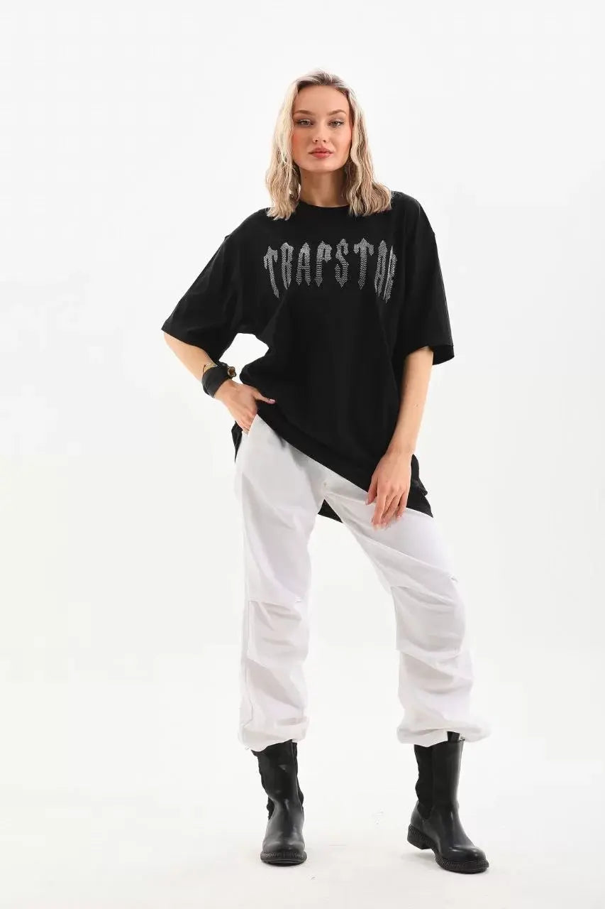 Unisex Taş Desenli Oversize T-Shirt - Siyah