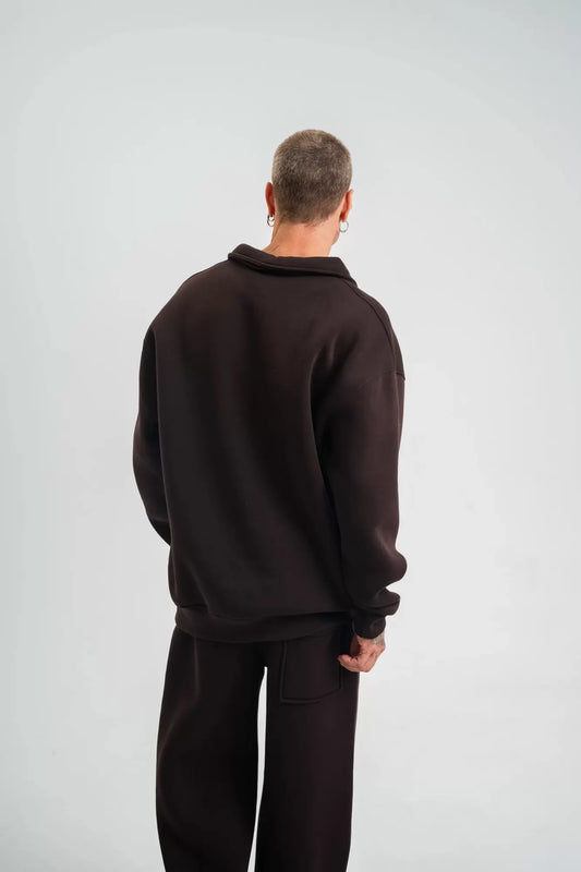 Unisex Double Oversize Patlı Yaka SweatShirt - Kahve