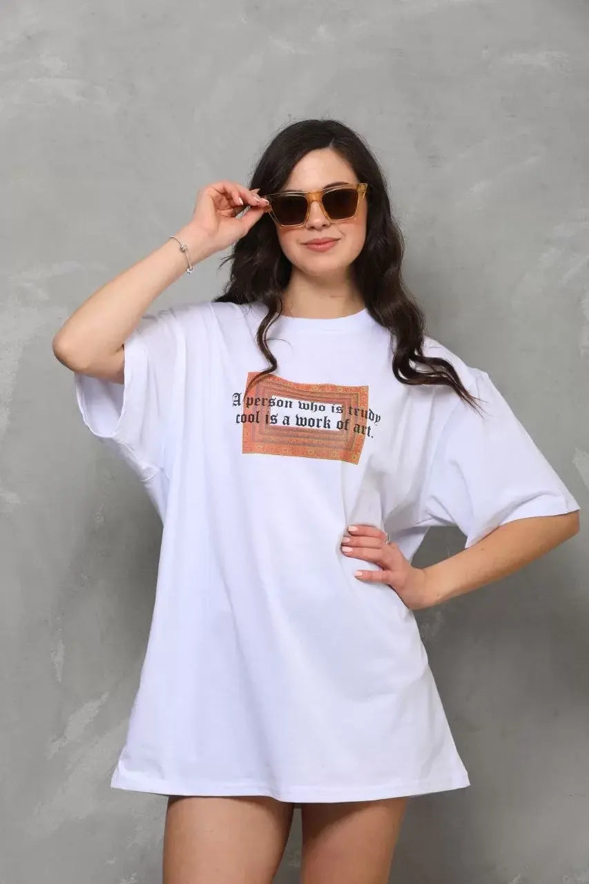 Unisex Bisiklet Yaka Baskılı Oversize T-Shirt - Beyaz