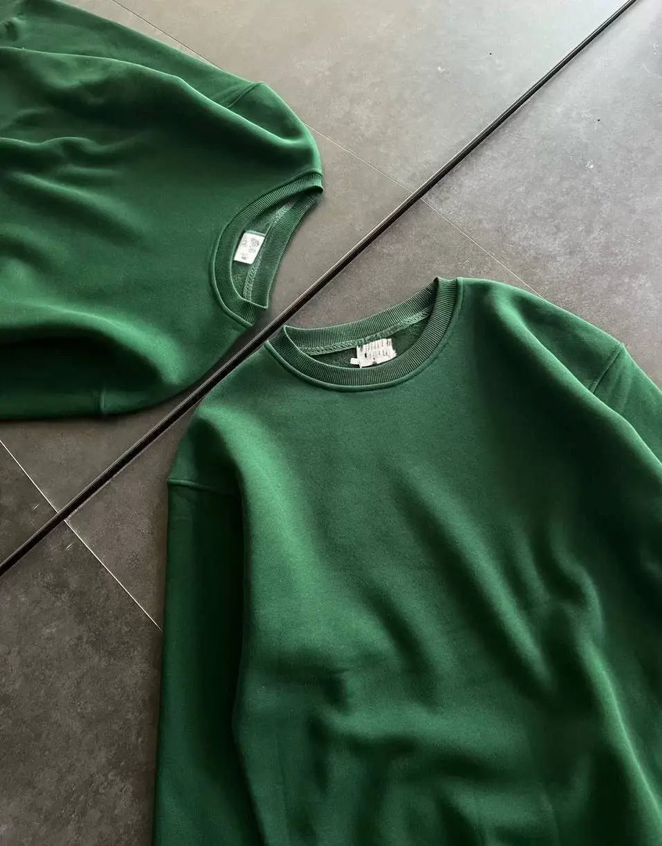 Kışlık Bisiklet Yaka Üç İplik Basic SweatShirt - Haki