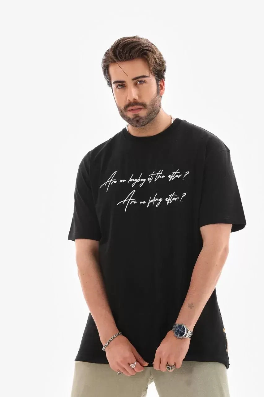 Unisex Bisiklet Yaka Baskılı Oversize T-Shirt - Siyah