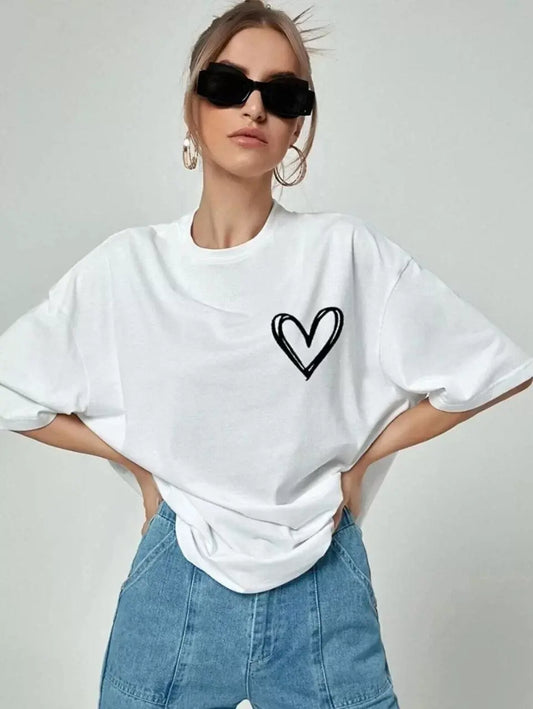 Kadın Bisiklet Yaka Baskılı Oversize T-Shirt - Beyaz