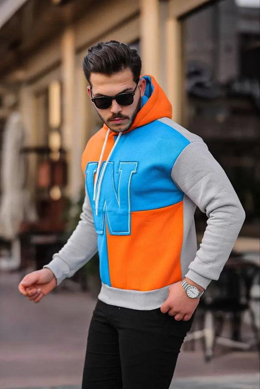 Erkek W Nakış İşlemeli Kapüşonlu Sweatshirt - Mavi