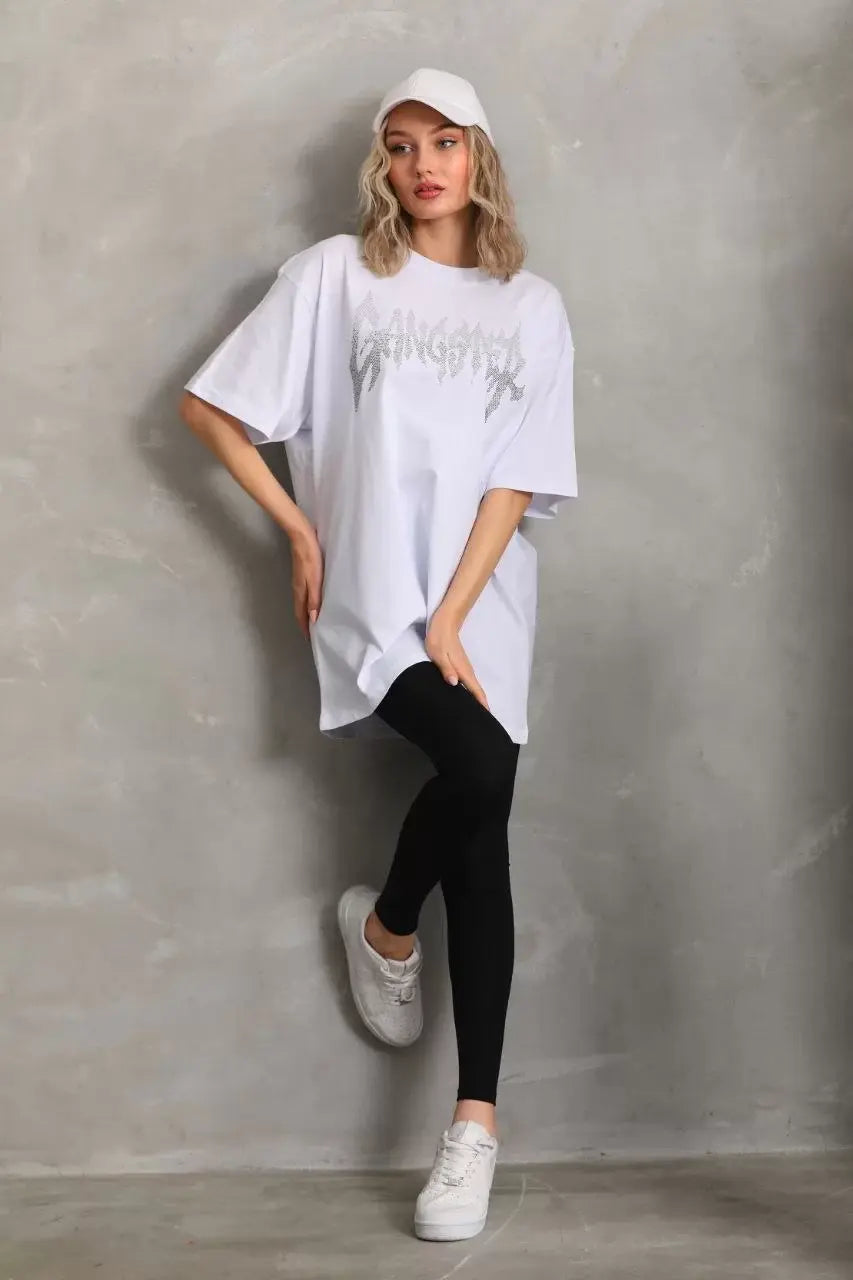 Unisex Taş Desenli Oversize T-Shirt - Beyaz