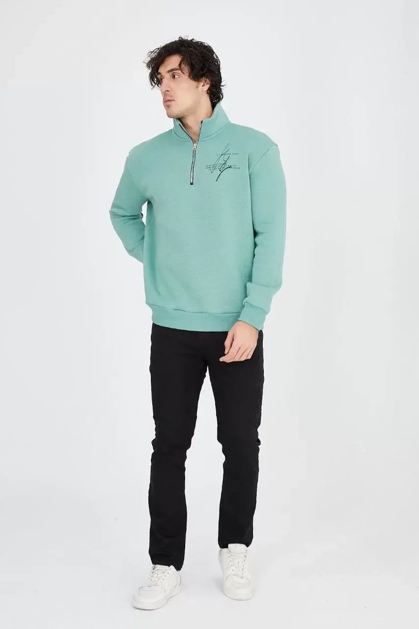 Erkek Yarım Fermuarlı Baskılı Sweat - Mint Yeşili