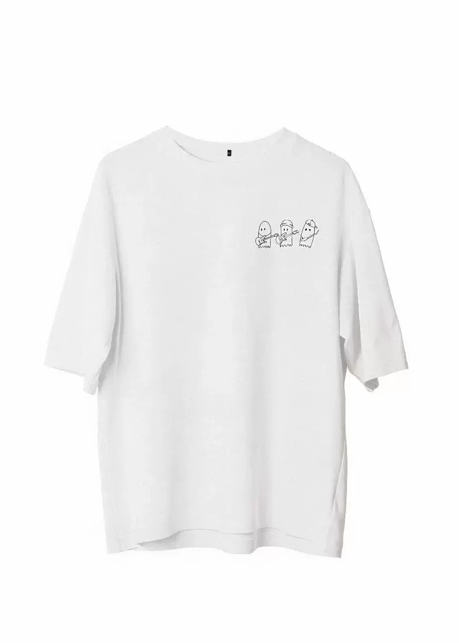 Unisex Bisiklet Yaka Baskılı Oversize T-Shirt - Beyaz