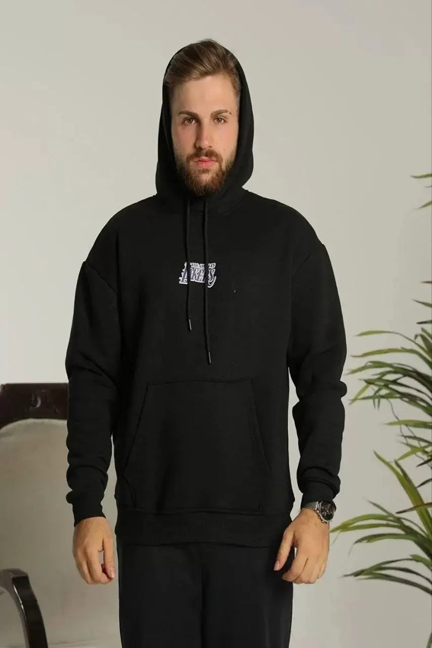 Erkek Baskılı Oversize Üç İplik Kapüşonlu Sweatshirt - Siyah