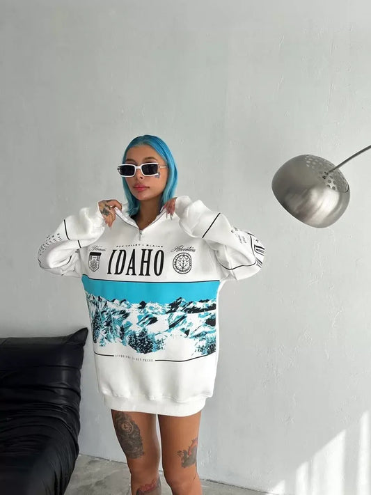 Kadın Yarım Fermuarlı Oversize Baskılı SweatShirt - Beyaz