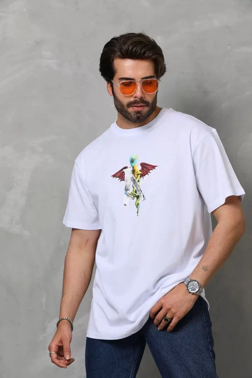 Unisex Bisiklet Yaka Baskılı Oversize T-Shirt - Beyaz