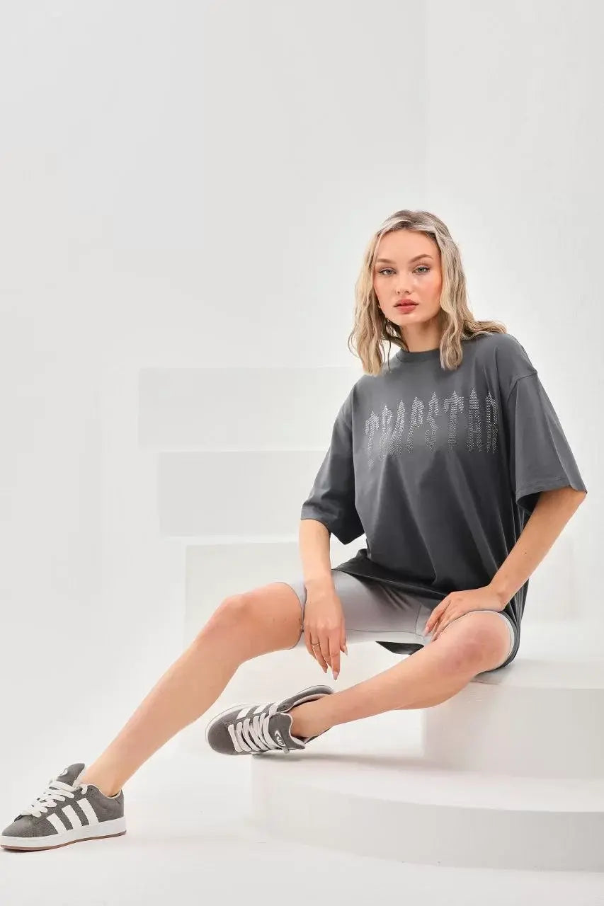 Unisex Taş Desenli Oversize T-Shirt - Füme