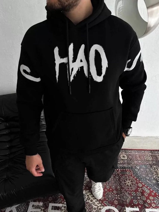 Oversize Kapşonlu Baskılı SweatShirt - Siyah