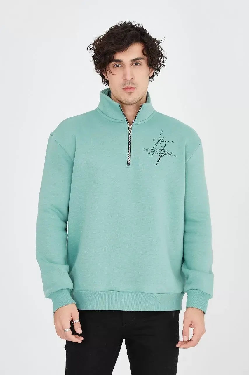 Erkek Yarım Fermuarlı Baskılı Sweat - Mint Yeşili