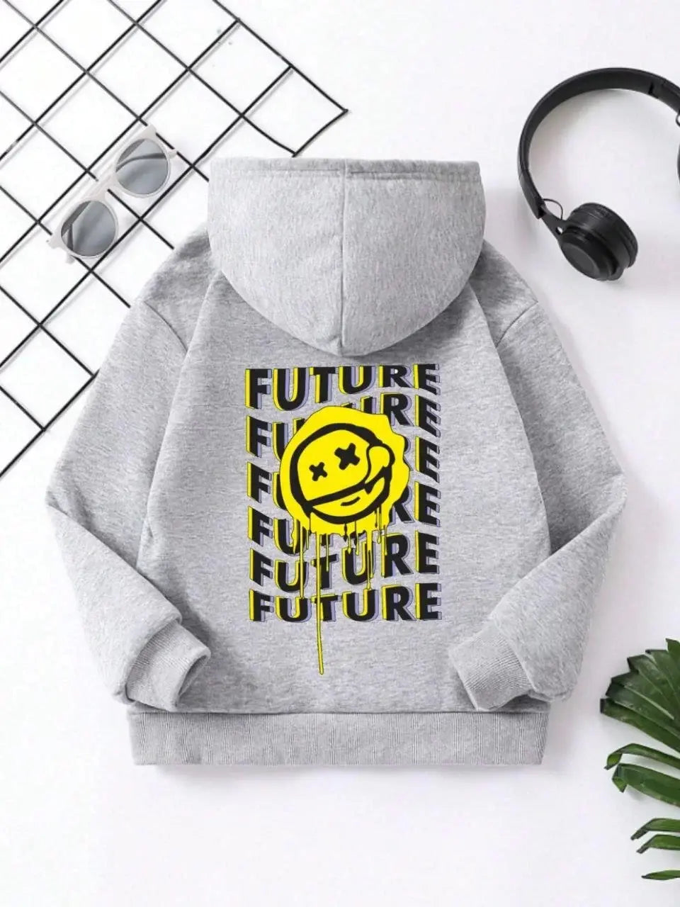 Çocuk Unisex Kapüşonlu Emoji Baskılı Sweatshirt - Gri