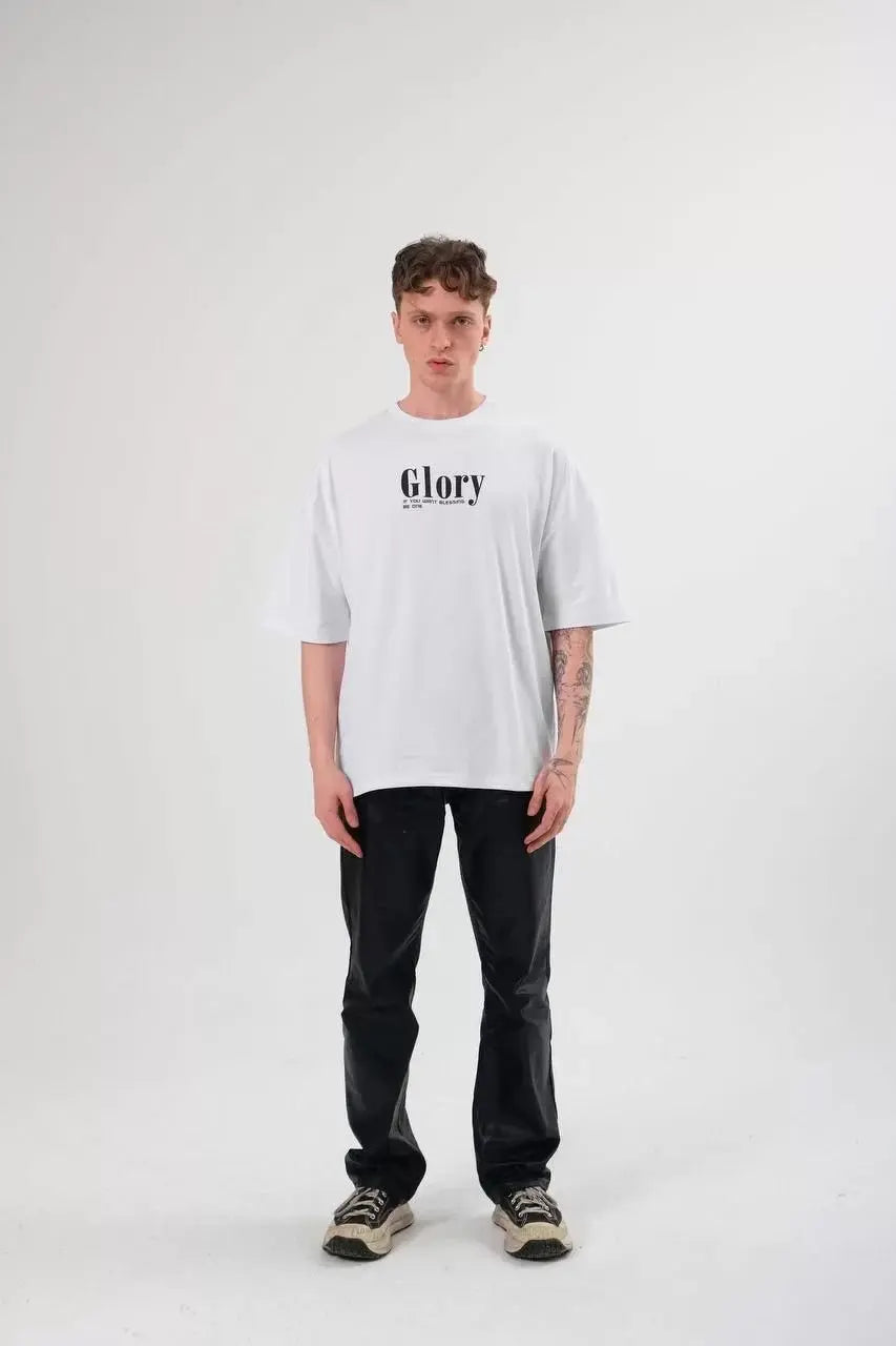 Unisex Bisiklet Yaka Baskılı Oversize T-Shirt - Siyah