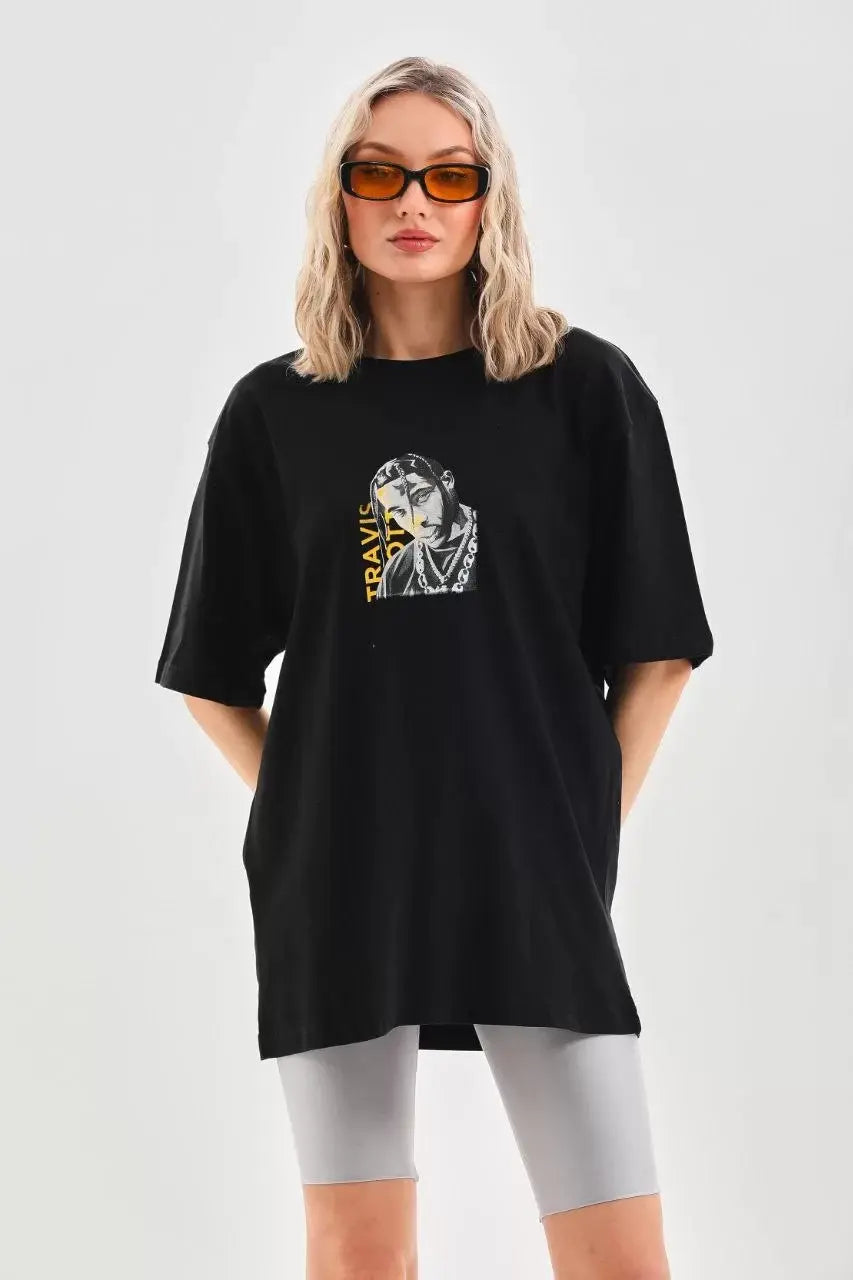 Unisex Baskılı Oversize T-Shirt - Siyah