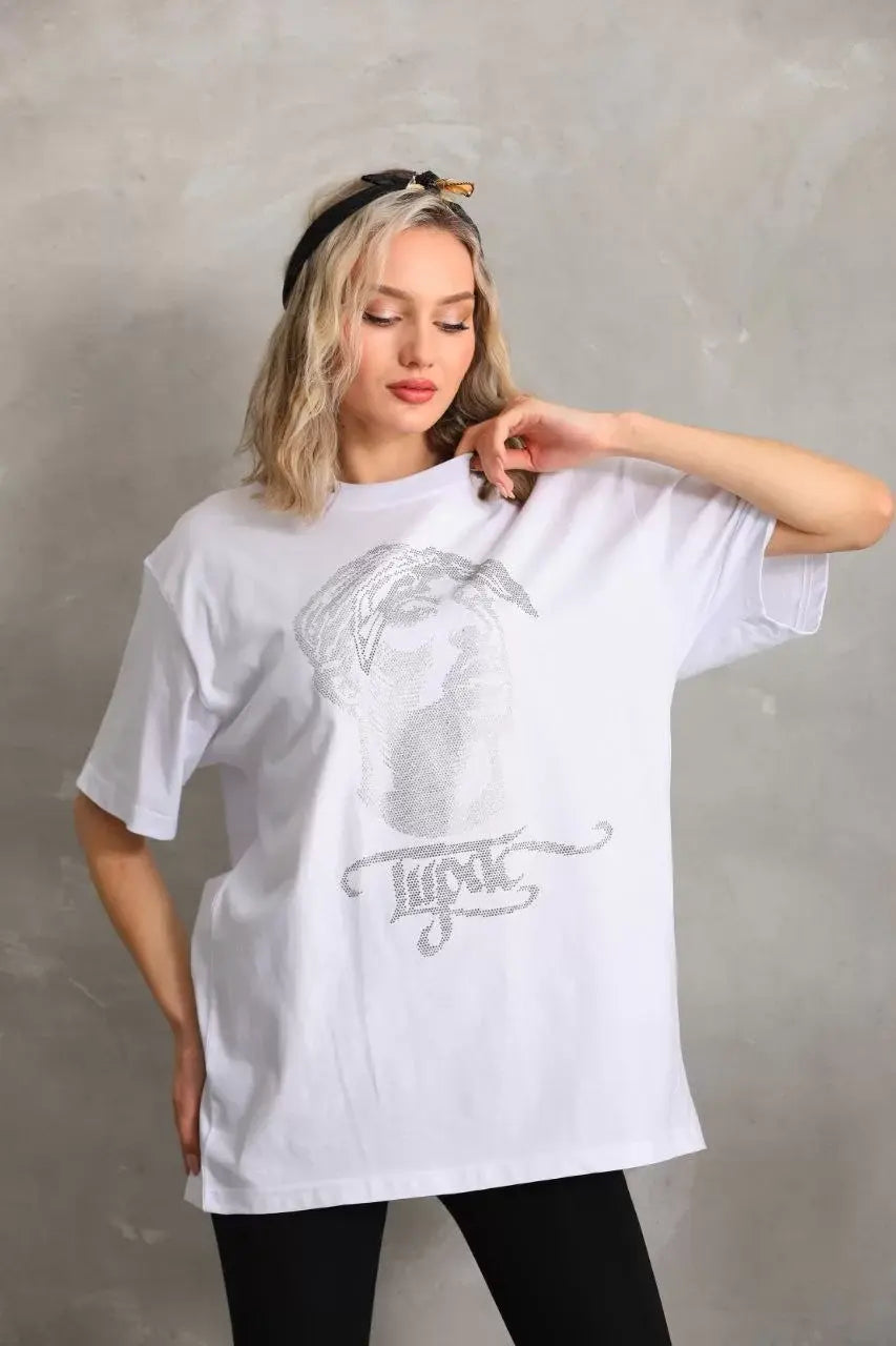 Unisex Taş Desenli Oversize T-Shirt - Beyaz