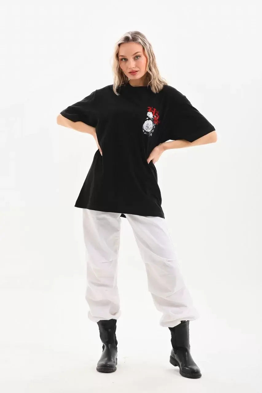 Unisex Baskılı Oversize T-Shirt - Siyah